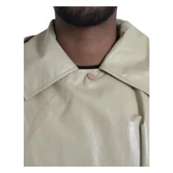 Beżowa Kurtka Trench Coat Skórzana
