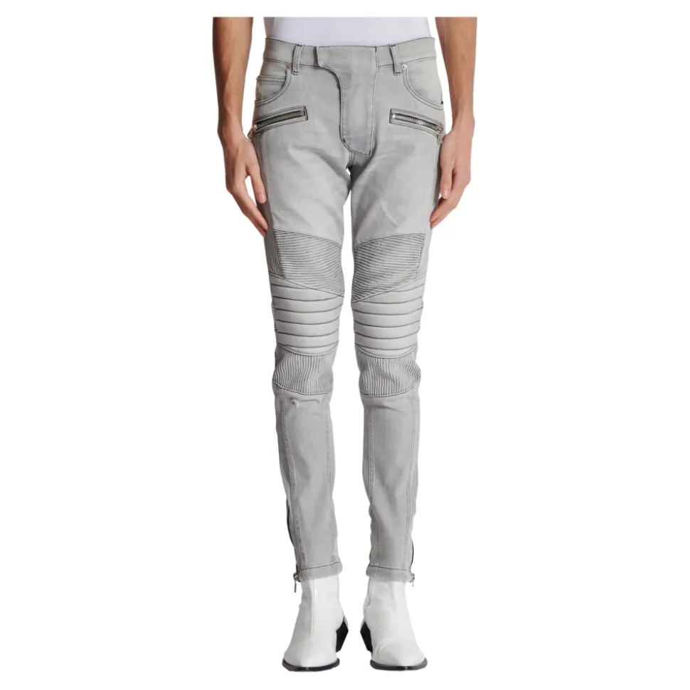 Biker Jeans w szarym pikowanym denimu