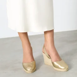 Carissa metaliczne espadryle z otwartym piętą i koturnem 9 cm.