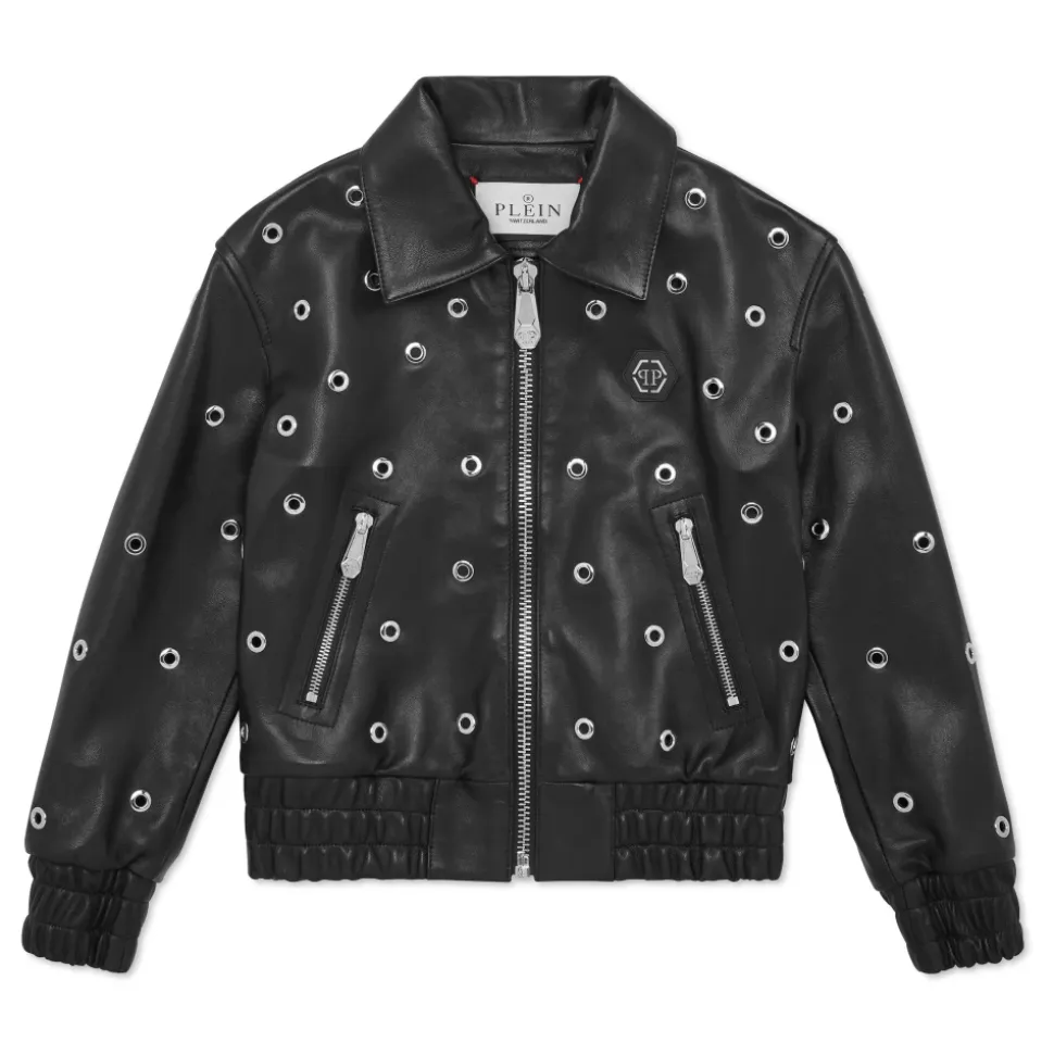 Cropped Leather Bomber LS Eyelet