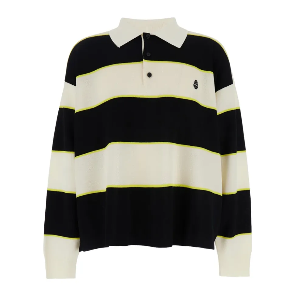 Czarny Sweter z Polo w Paski