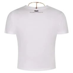 Krótki T-shirt z metalicznym łańcuszkiem z logo