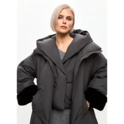 Oversized Płaszcz Puffer z Kapturem i Mankietami ze Sztucznego Futra - Szary