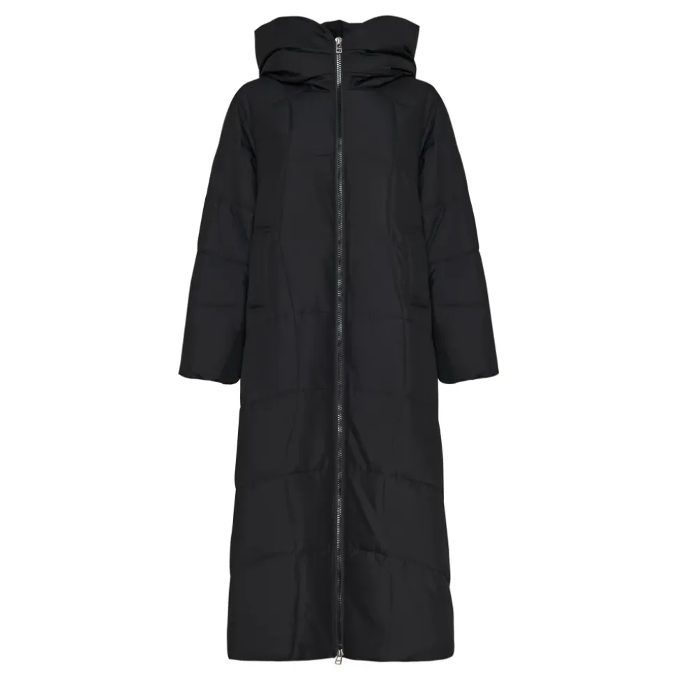 Puchowy płaszcz oversize z kapturem i mankietami ze sztucznego futra