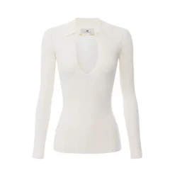 Top z dzianiny prążkowanej z ażurowymi detalami
