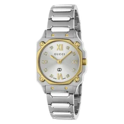 YA166503 - G-Flat 24mm stalowa koperta ze stali nierdzewnej z 18-karatowym pozłacanym bezel i śrubami; Srebrna galwanizowana tarcza z rzymskimi indeksami o godzinie 12 i 6 oraz indeksami diamentowymi; Bransoleta ze stali nierdzewnej